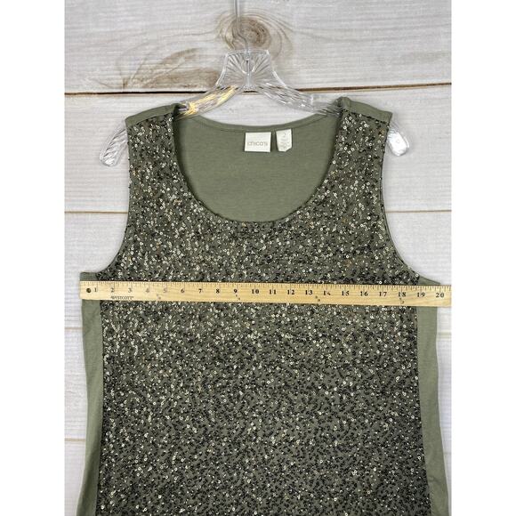 Chico's Tank Top Sz 2 Women L Green Sequins Front Sleeveless Party Lined Stretch - Picture 6 of 11